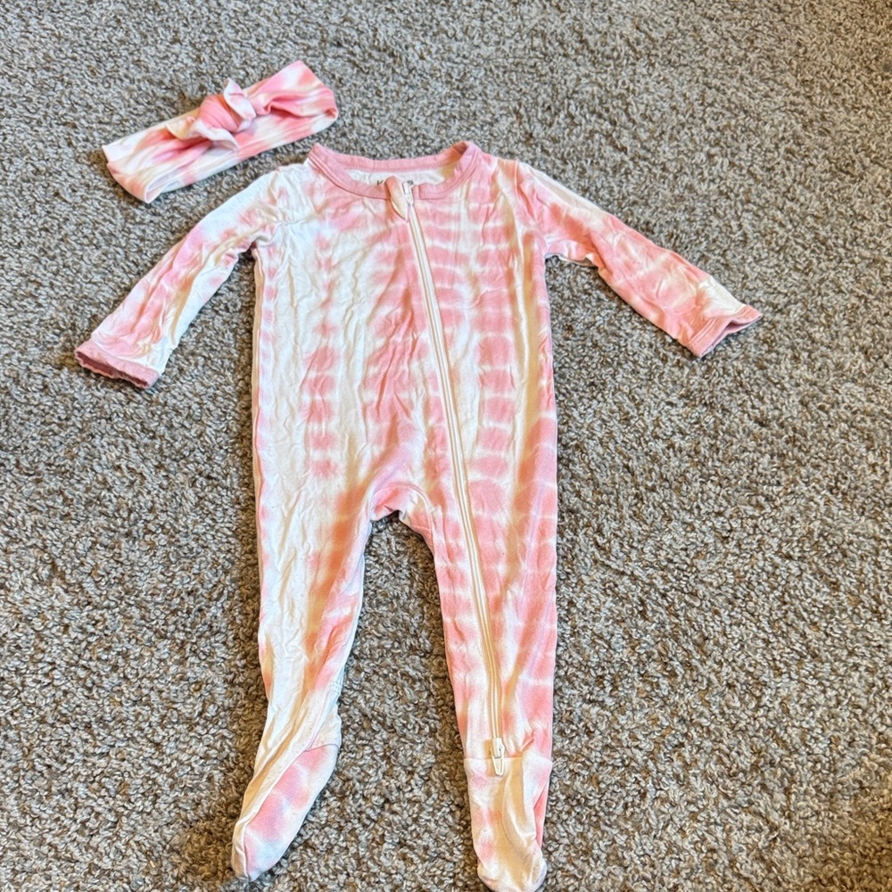 Kyte BABY Size 3-6 Zippered Footie + Headband - Pink Tie Dye
